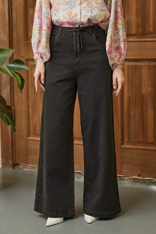 1123-Denim Bağcıklı Bol Paça Pantolon Füme
