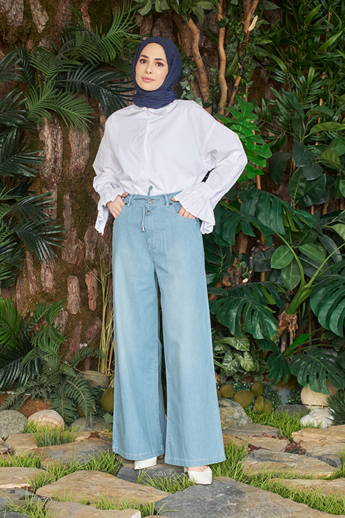 1123-Denim Bağcıklı Bol Paça Pantolon Mavi