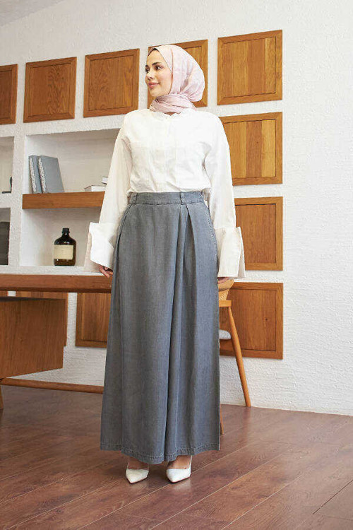 1073-Denim Pantolon Etek Gri