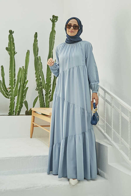 6614-Denim Büzgülü Elbise Mavi