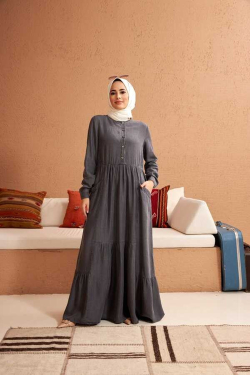 6575-Denim Elbise Gri
