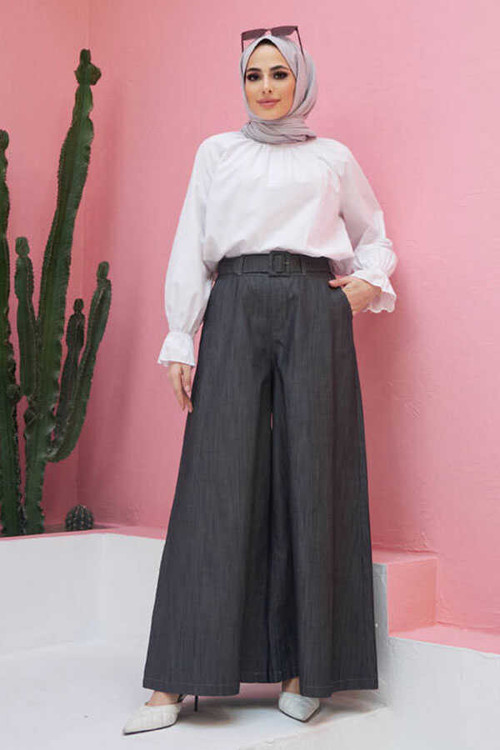 1153-Denim Bol Paça Pantolon Etek Koyu Gri