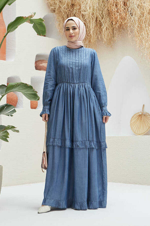 6616-Denim Nervürlü Fırfırlı Elbise Koyu Mavi
