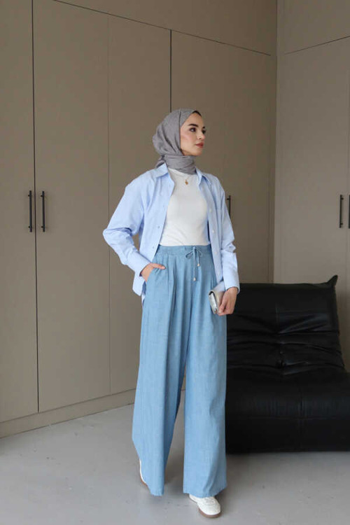 1167-Denim Bol Paça Pantolon Mavi