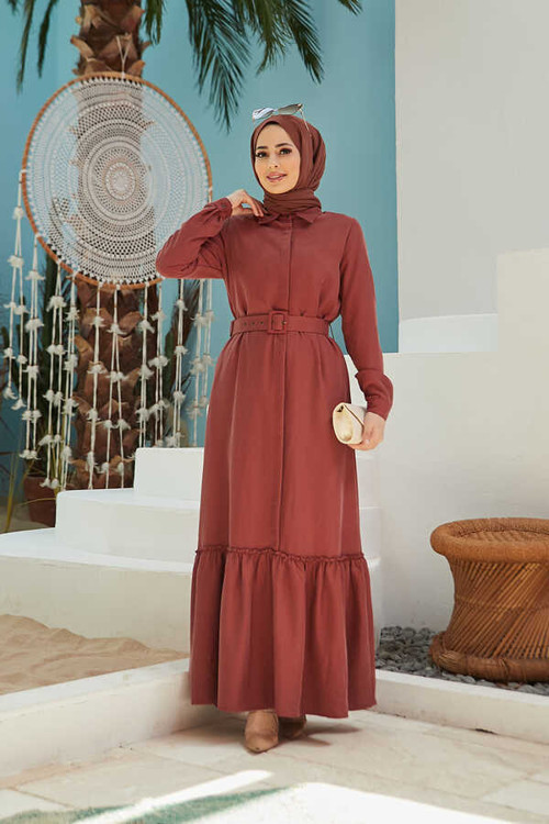 6561-Denim Kemerli Elbise Taba