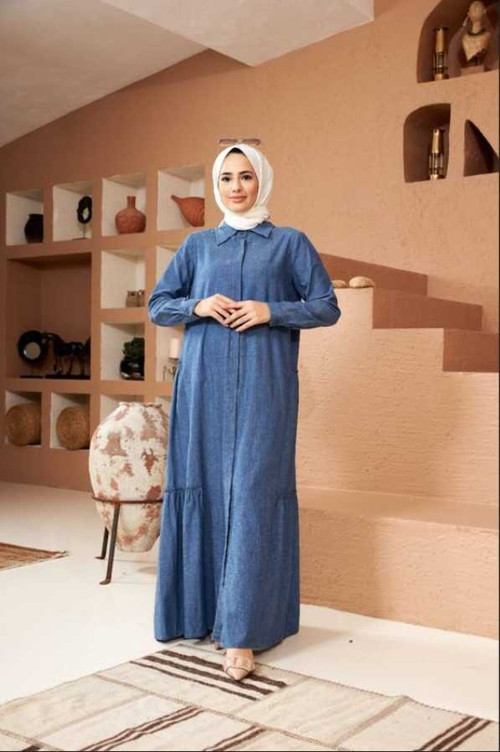 6425-Denim Büzgülü Katlı elbise Mavi