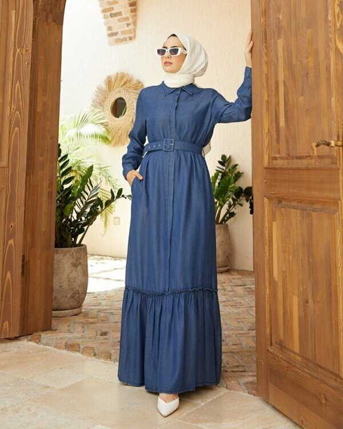 6561-Denim Kemerli Elbise Koyu Mavi