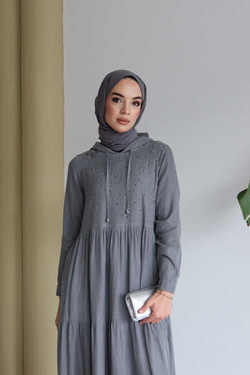 6531-Taşlı Kapşonlu Reglan Kollu Elbise Gri