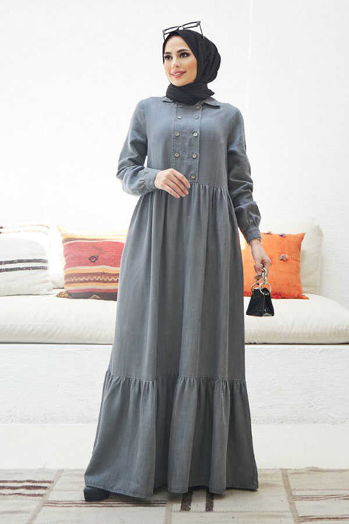 6593- Denim Elbise Gri
