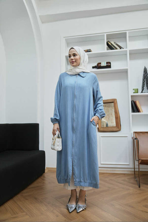 6644- Yakalı Fermuarlı Kap Mavi