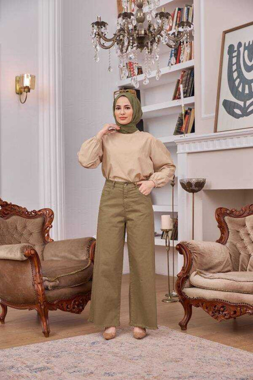 1130-Denim Parça Boya Püsküllü Pantolon Haki