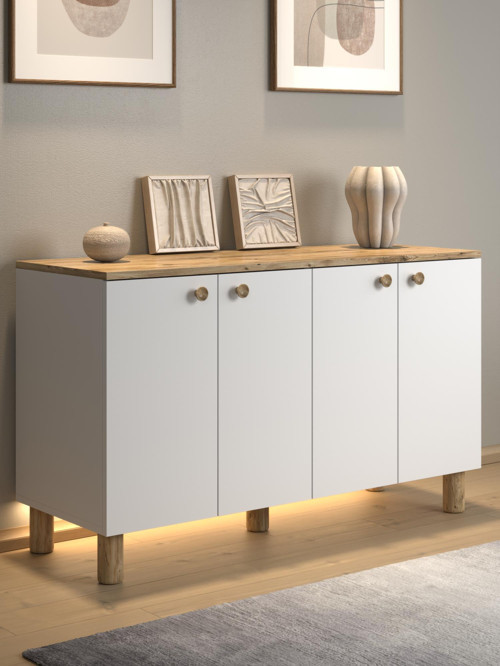 Nora Bohem Ledli Kahve Köşesi Dolabı Konsol Çok Amaçlı Dolap Mutfak Dolabı 120 Cm 4 Kapaklı Atlantik Çam / Beyaz