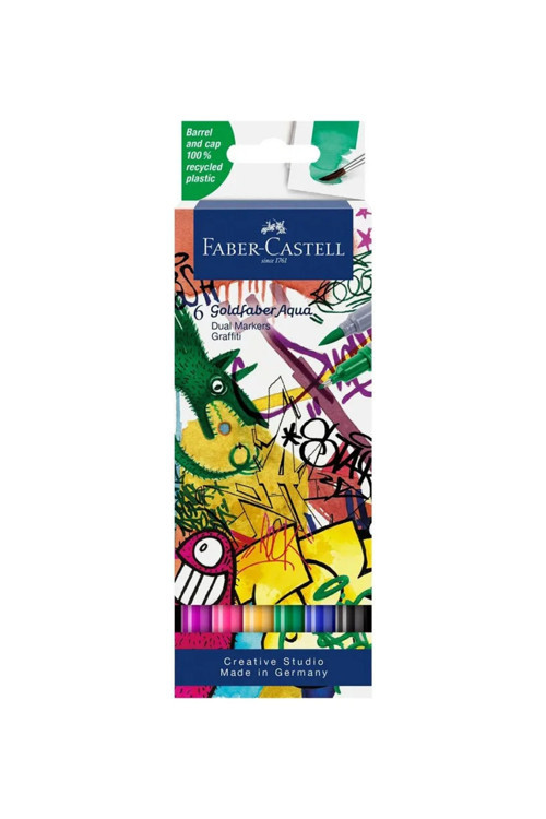 Goldfaber Aqua 6’lı Çift Uçlu Graffiti Markör Seti, Su Bazlı, Fırça ve Fineliner Uçlu
