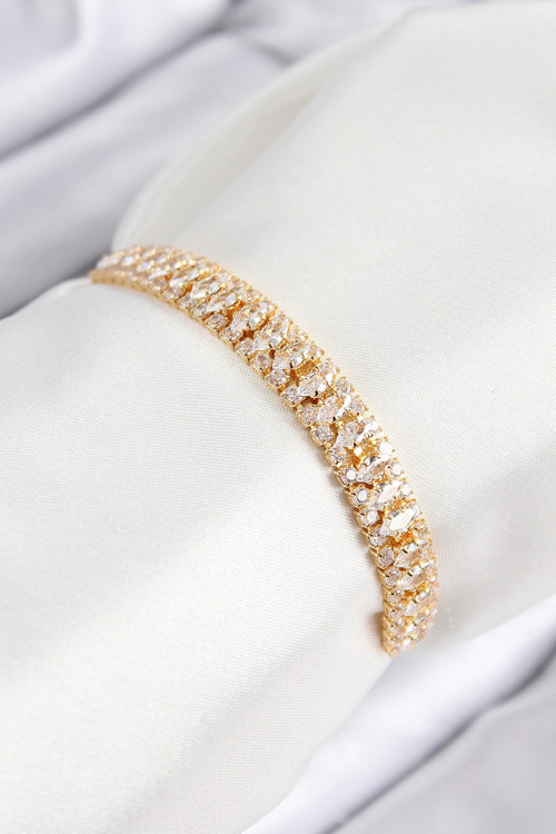 Pirinç Zirkon Taşlı Tennıs Model Gold Renk Asansörlü Kadın Bileklik - TJ-BB7717