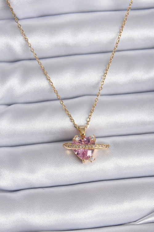 316L Çelik Gold Renk Zincir Pembe Kristal Kalp Model Zirkon Taş Detay Kadın Kolye - TJ-B