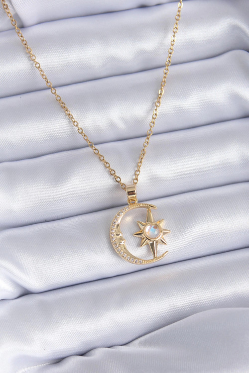 316L Çelik Gold Renk Zirkon Taşlı Ay Yıldız Model Kadın Kolye - TJ-BKO7688