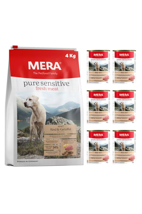 Pure Sensitive Beef Taze Sığır Etli Tahılsız Köpek Maması 4 Kg Ve Konserve Yaş Mama 400 Gr X 6 Adet