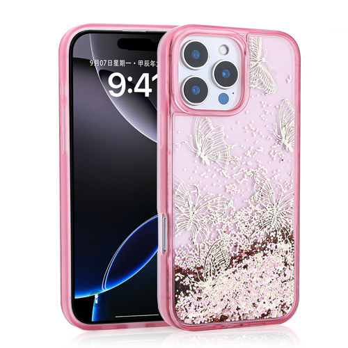 iPhone 16 Pro Kılıf Sıvılı Simli Kelebek Tasarım Şeffaf Liquid Glittery Silikon Kapak