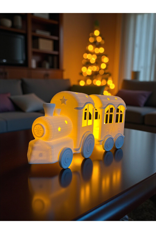 Yılbaşı Temalı Dekoratif Beyaz Noel Treni (1 Makinist+1 Vagon) - Tealight Mumlu Yılbaşı Dekoru