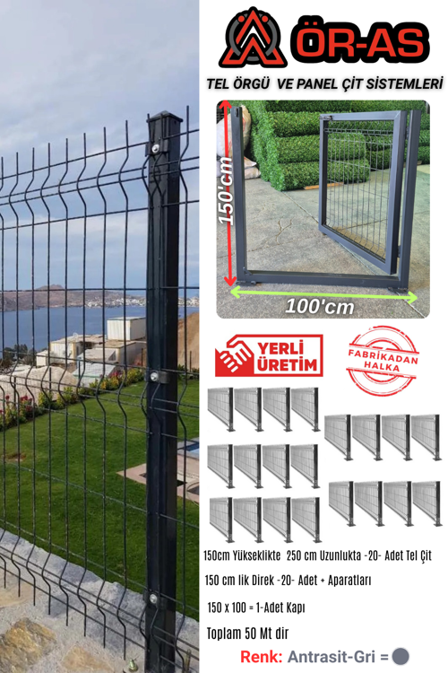 Ör As Tel Örgü Panel Çit Takım ( 150 cm Yükseklik 50 Mt Uzunluk ) + ( 150x100 Kapı )