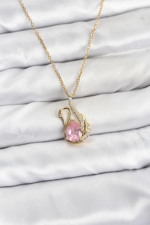Zincir Gold Renk Pembe Kuğu Model Zirkon Taşlı Kadın Kolye - EBJ260130W39294