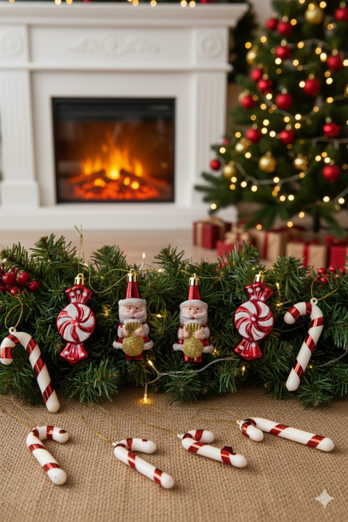 yılbaşı noel babalı şeker 6 lı baston 2 li çam ağacı süs set