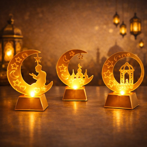 Ramazan Işığı Üçlü Set – Ay Motifli Pilli Dekoratif LED Masa Aydınlatması