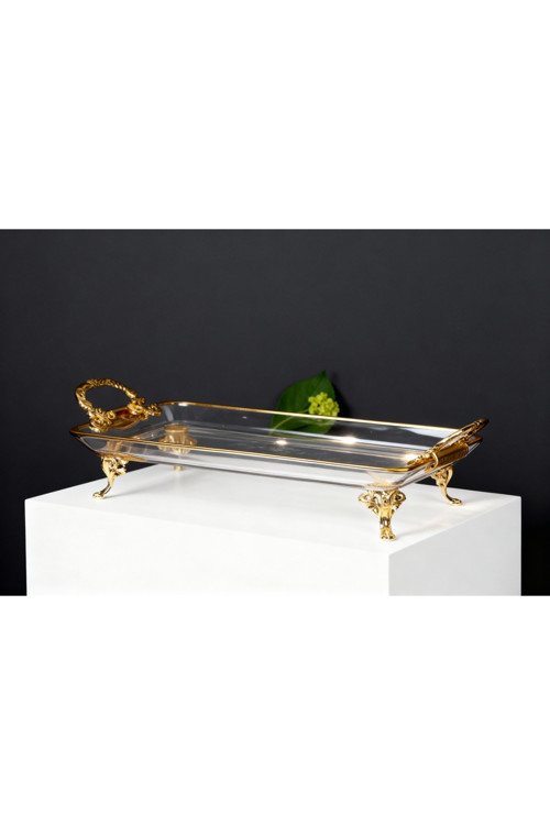 Paşabahçe Kristal Metal Ayaklı Yaldızlı Sunumluk Krabiyelik Tepsi