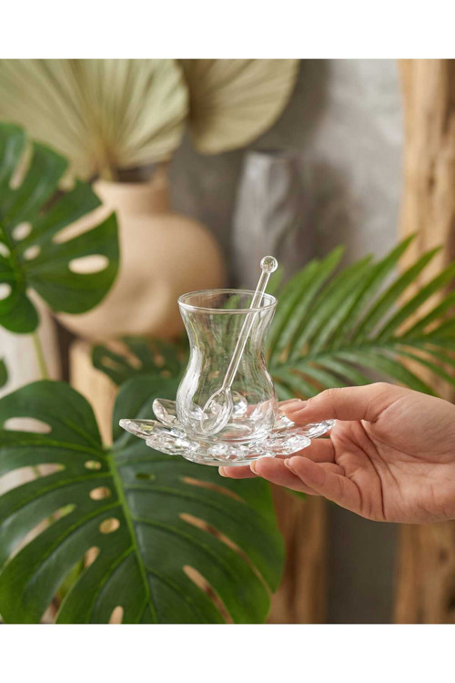 18 Parça Kristal Cay Seti Kristal Tabak Ve Kaşıklı İnce Belli 6 Kişilik Cay Takımı