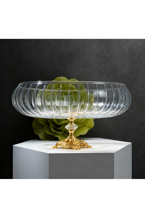 Lotus Kristal 24 Cm Metal Ayaklı Salata Kasesi Cam Sunumluk-Servis Tabağı
