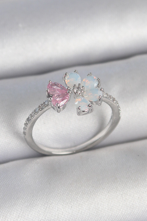 Pirinç Gümüş Renk Beyaz Mineli Pembe Zirkon Taşlı Çiçek Model Kadın Yüzük - TJ-BYK3708