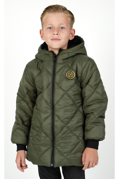 Haki Baklava Desenli Erkek Çocuk Su Ve Rüzgar Geçirmez Içi Wersoftlu Kapşonlu Mont