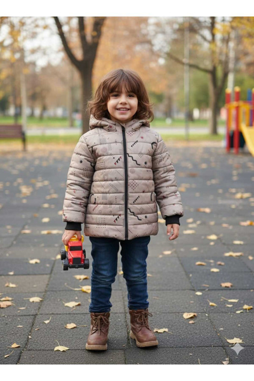 Yeni Baskılı Su Ve Rüzgar Geçirmez Kapüşonlu Erkek Çocuk Montu