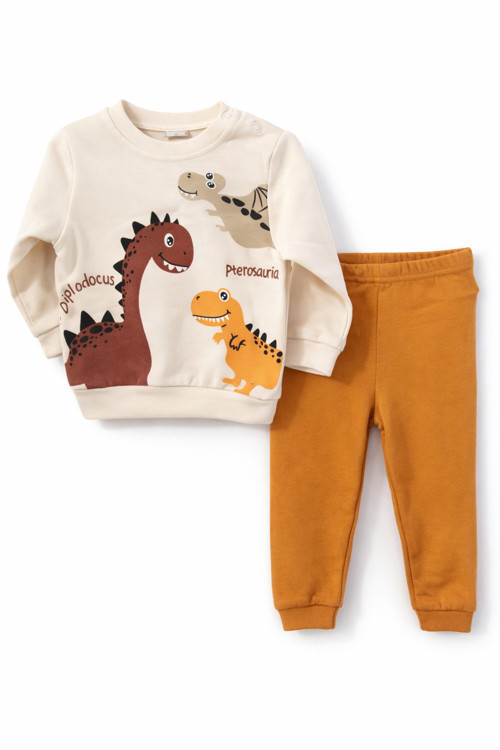 Kahverengi Dinozor Desenli Bebe Alt-Üst Takım