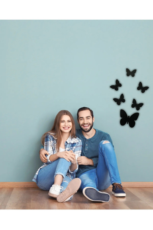 Dekoratif Ahşap 6Lı Kelebek Duvar Süsü Siyah Lazer Kesim 50X40