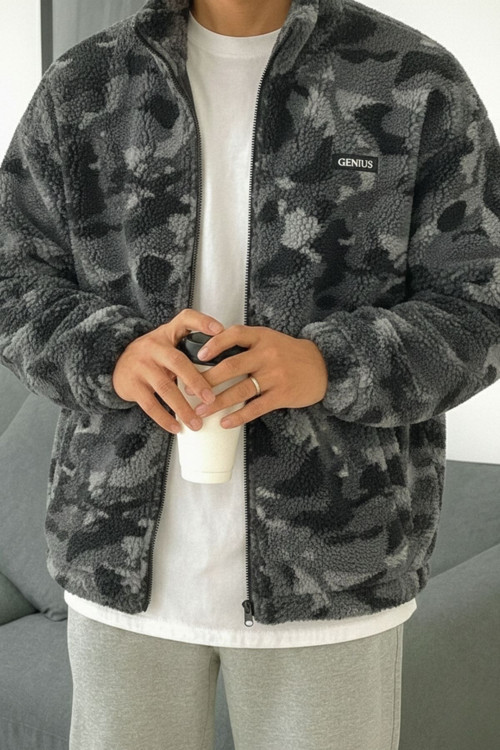 Oversize Peluş Tam Fermuarlı Sweatshirt Peluş İçi Polarlı Sherpa Kumaş Sweatshirt