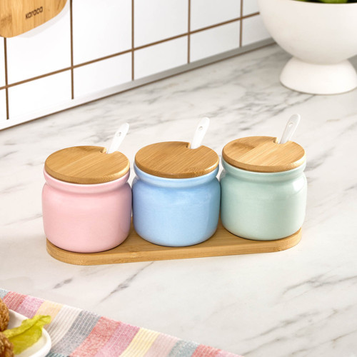 Portobello Bambu Kapaklı 3'lü Tepsili Kaşıklı Baharat Takımı