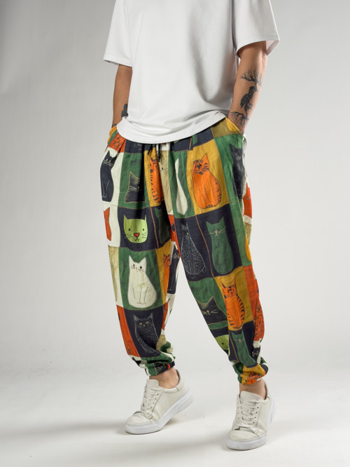 Kedi Desenli Erkek Pileli Yarım Şalvar COC2823