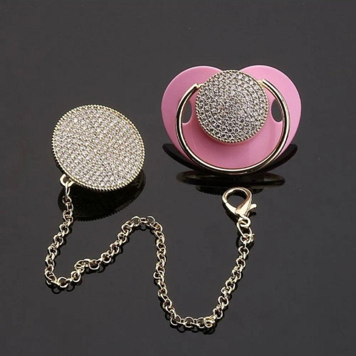 Zirkon Taşlı, Altın Renk Kaplama Emzik Ve Zincir Seti(PEMBE)