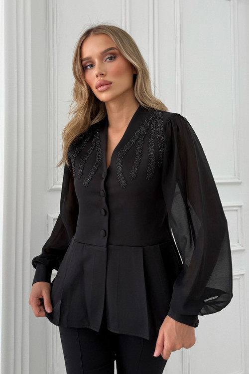 Önü 4 Düğme Detaylı Taş İşlemeli Bluz