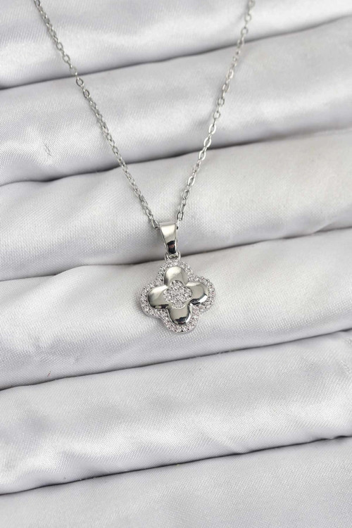 316L Çelik Zincir Gümüş Renk Zirkon Taşlı Yonca Model Kadın Kolye - TJ-BKO10768