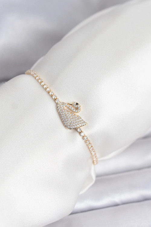 Kuğu Model Zirkon Taşlı Gold Renk Asansörlü Su Yolu Bileklik - TJ-BB8246