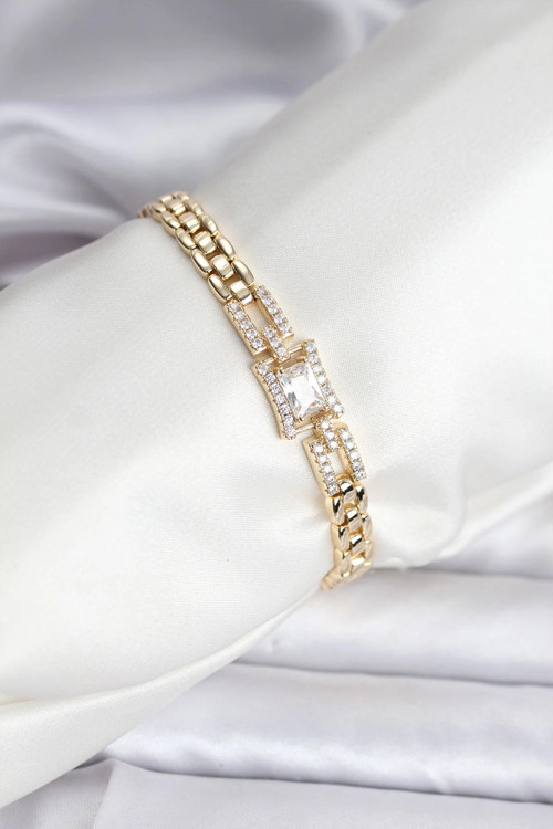 14K Gold Renk Kaplama Zirkon Kare Taşlı CM Kadın Bileklik - TJ-BB8118