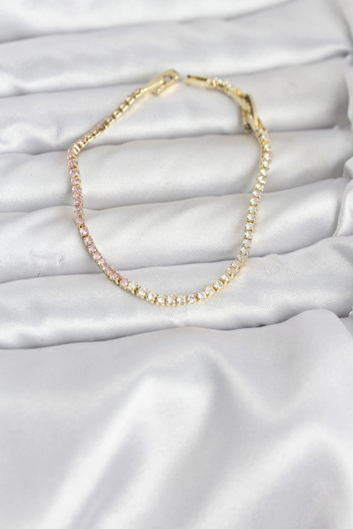 Pembe ve Beyaz Zirkon Taşlı Gold Renk Su Yolu Kadın Bileklik - TJ-BB8150