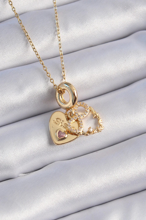 316L Çelik Gold Renk Zirkon Taşlı Sonsuzluk Kalp Figür Charm Model Kadın Kolye - TJ-BKO9