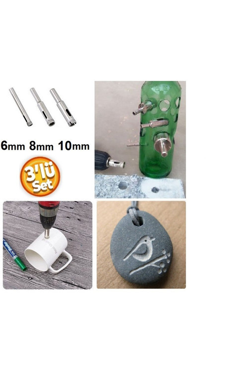 Cam Fayans Delme Mermer Granit Yuvarlak Delik Açma Panç 3 Parça (6Mm-8Mm-10Mm) Elmas Uçlu Karot
