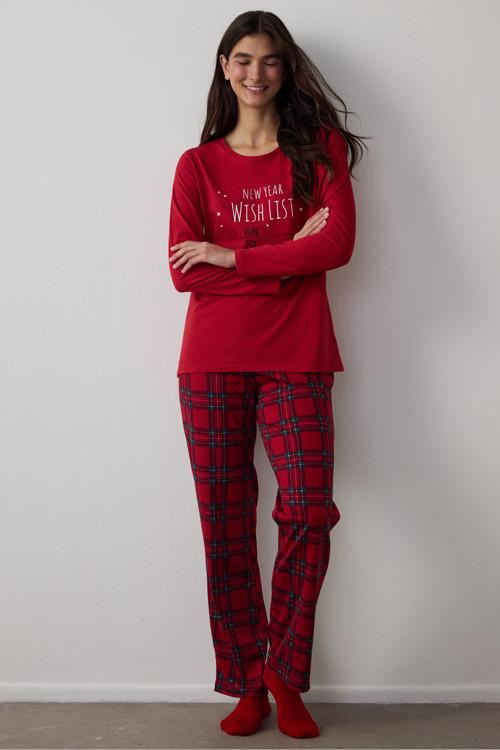 Kırmızı Ny Wishlist Ekoseli Pamuklu Uzun Kollu Pijama Takımı