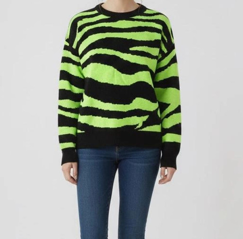 Kadın Kışlık Neon Yeşil Siyah Zebra Desenli Kazak Triko Konforlu Rahat Kalıp
