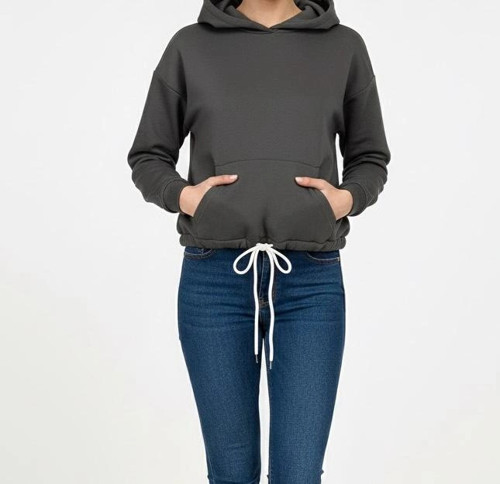 Kadın Kışlık 3 İplik Şardonlu Sıcak Tutan Kapüşonlu Sweatshirt (Hoodie) Ayarlanabilir Bağcıklı Bel D