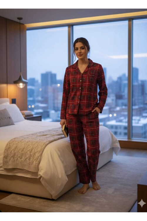 Kadın Kırmızı Ekose (Kareli) Desenli Yumuşak Süet Dokulu Pijama Takımı